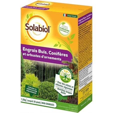 Abono orgánico para arbustos, coníferas y arbustos ornamentales Solabiol 1,5KG - Solabiol - Mantenimiento del jardín - Jardinaff