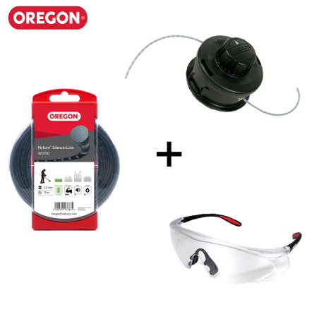 Packen Sie OREGON Nylium SILENCIO Freischneiderfaden ø2mm, 15m + Universalkopf ohne Adapter + Schutzbrille