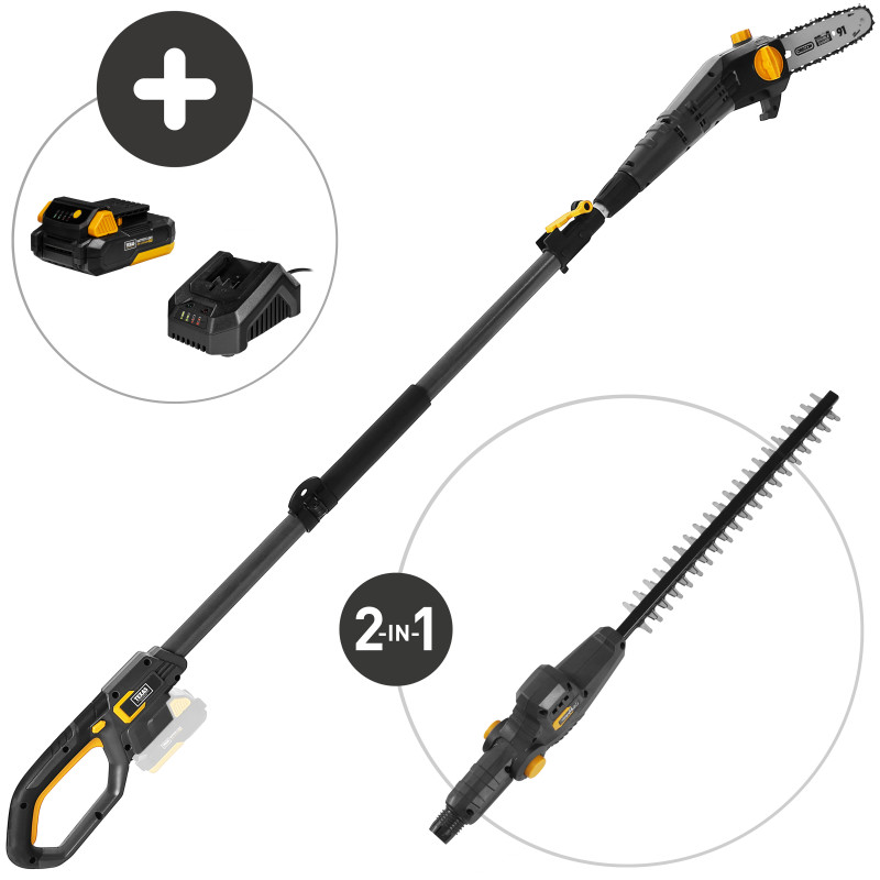 Telescoop kettingzaag + Heggenschaar Texas PHX/PCX2000 2-in-1 (20V) met accu+lader