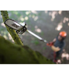 Élagueuse télescopique ECHO vue plongeante de la tête de coupe sur une branche
